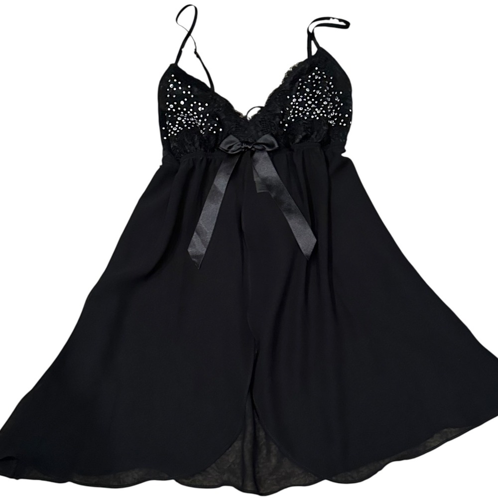 In Bloom Jonquil Nighty Thong Medium Black NWT Sequins Lace Sheer Bow Date Night